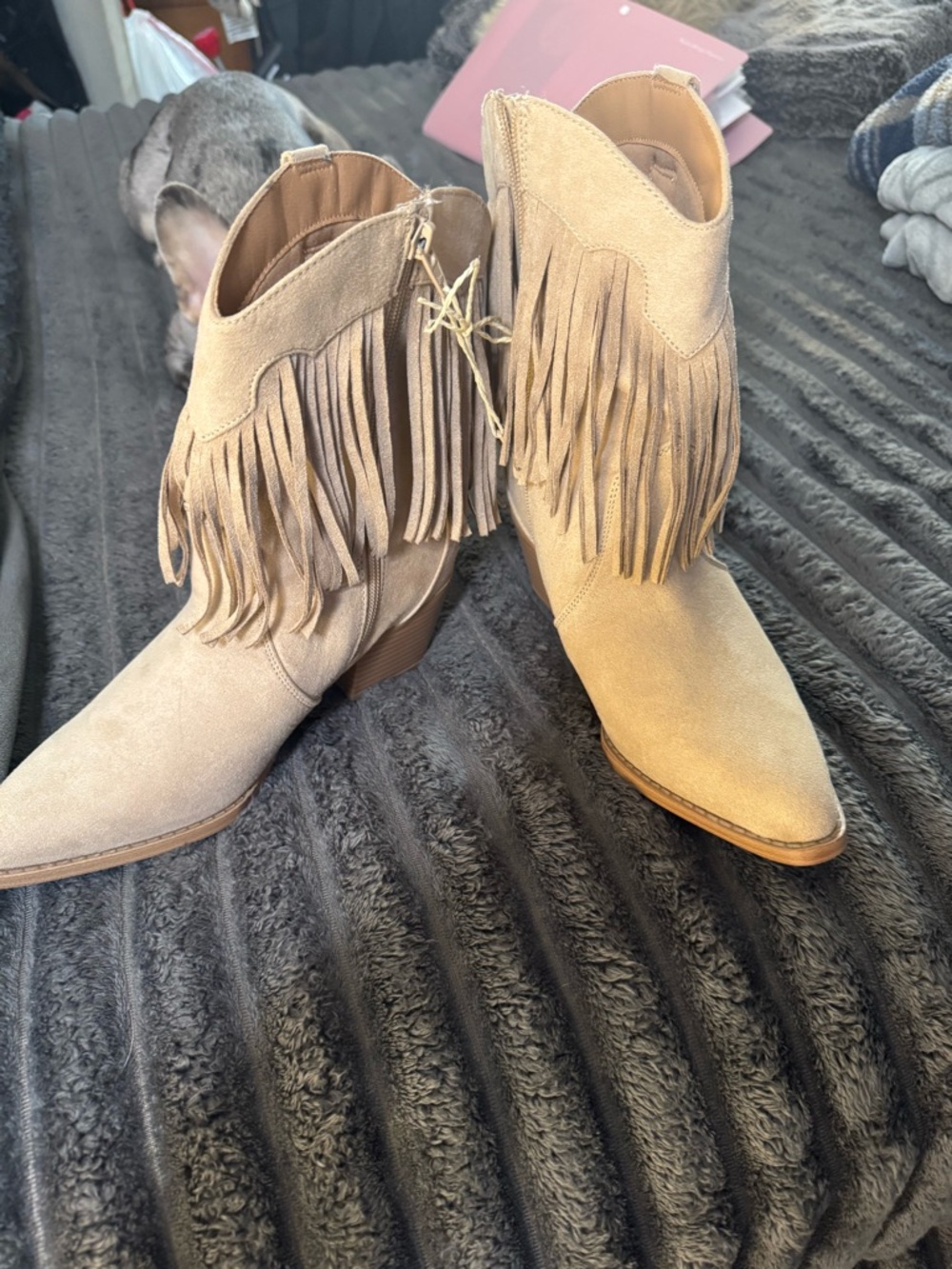 Time and Tru Fringe Suede Ankle Boots in Tan